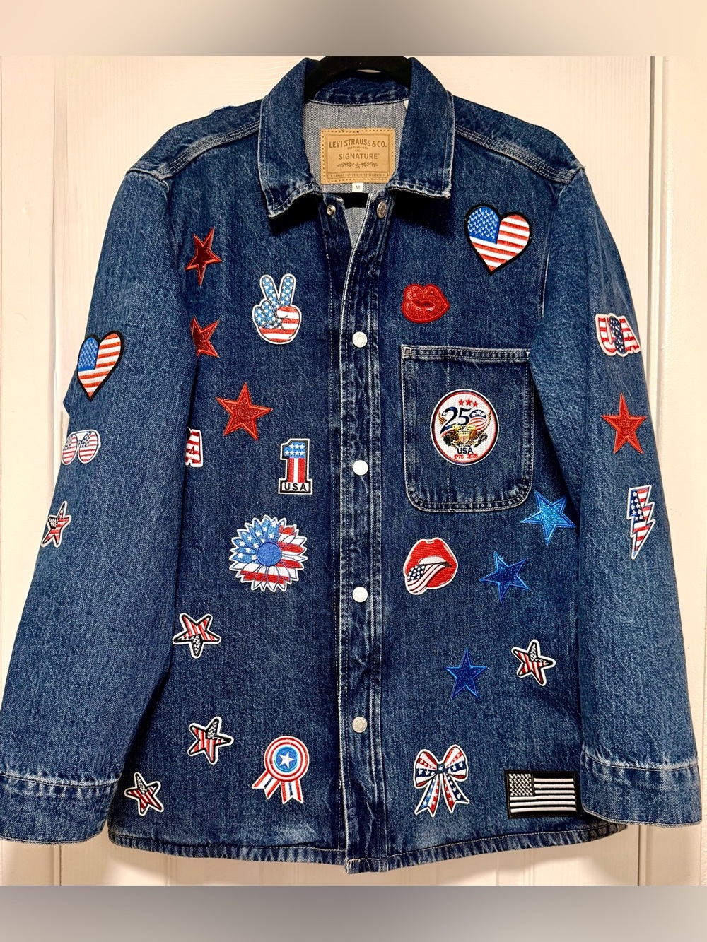 Upcycled Levi's Denim Shirt Jacket with Patriotic Patchwork